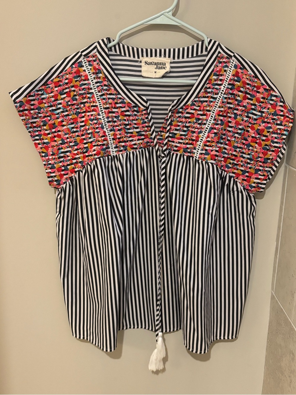 Savanna Jane Black Stripe Top with Multicolor Floral Embroidery